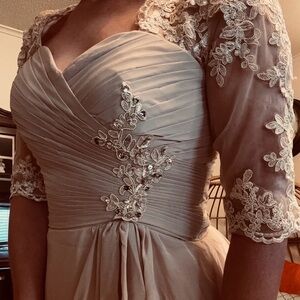 Elegant Evening Dress with High-Low Hem, Beautiful Beading, & Lace Sleeves